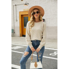 (L, Apricot) Elegant Knitted Sweater with Round Neck Comfortable Breathable Clothes Birthday Chirstmas Gift