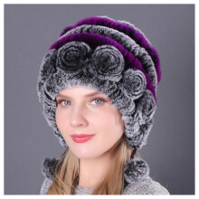 Warm Flowers Striped Rex-Rabbits Fur Hats Women's inter Hat Outdoor Furry Beanies Hats for Women