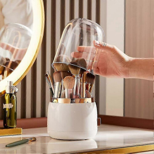 (White) Makeup Brush Holder, 360 Rotating Storage Barrel for Brushes & Lipstick Organizer 2