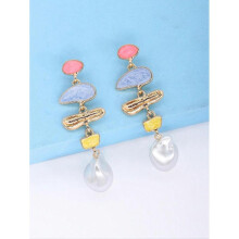 (Yellow) 1 Pair Fashionable Exaggerated Drip Oil Pearl Pendant Earrings