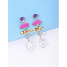 (Pink) 1 Pair Fashionable Exaggerated Drip Oil Pearl Pendant Earrings