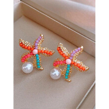 1pair Sweet Bohemian Style Colorful Starfish Faux Pearl Earrings Suitable for Women s Daily Travel Beach Parties Vacation Etc