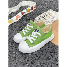 (US13,Green)White Cloth Baby Shoes Middle Sneakers Kids Canvas Shoes Spring Autumn Korean Style Unisex Low Top Lace-Up Casual Skateboard Shoes
