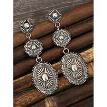 Vintage Bohemian Western Style Totem Carving Geometric Patchwork Metal Alloy Dangle Earrings 1pair