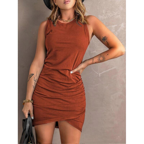 (M, Burnt Orange) Solid Ruched Side Pencil Hem Tank Dress