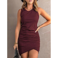 (S, Maroon) Solid Ruched Side Pencil Hem Tank Dress