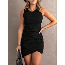 (M, Black) Solid Ruched Side Pencil Hem Tank Dress