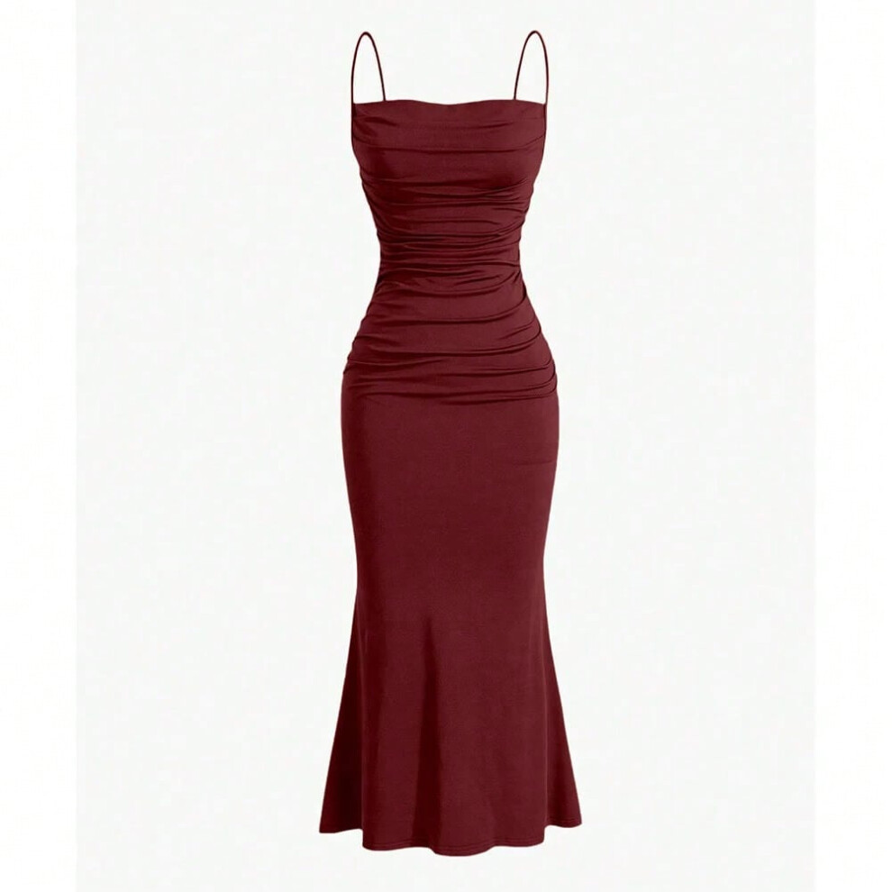 (Dark Red, S) Mia Muse Women's Party Dresses Maxi Spaghetti Strap Elegant Slim Evening Wedding Guest Multi-Color Summer Milkmaid Dresses