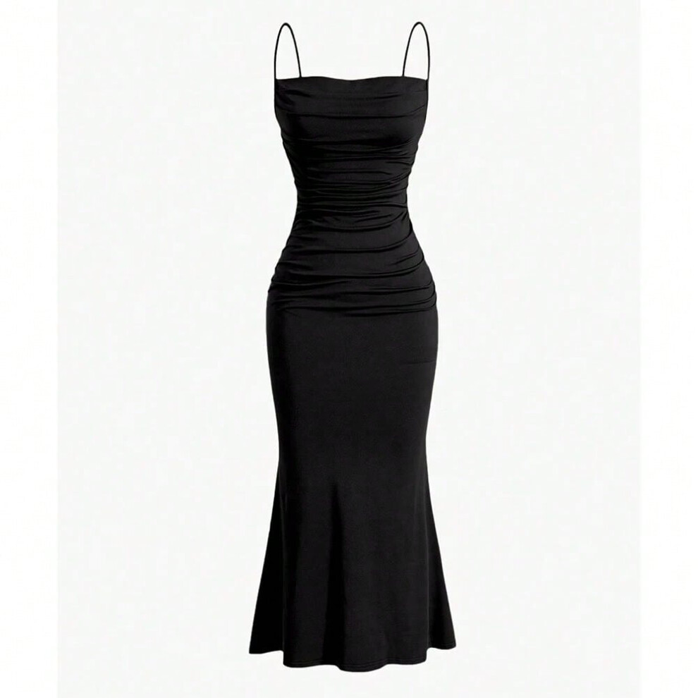 (Black, M) Mia Muse Women's Party Dresses Maxi Spaghetti Strap Elegant Slim Evening Wedding Guest Multi-Color Summer Milkmaid Dresses