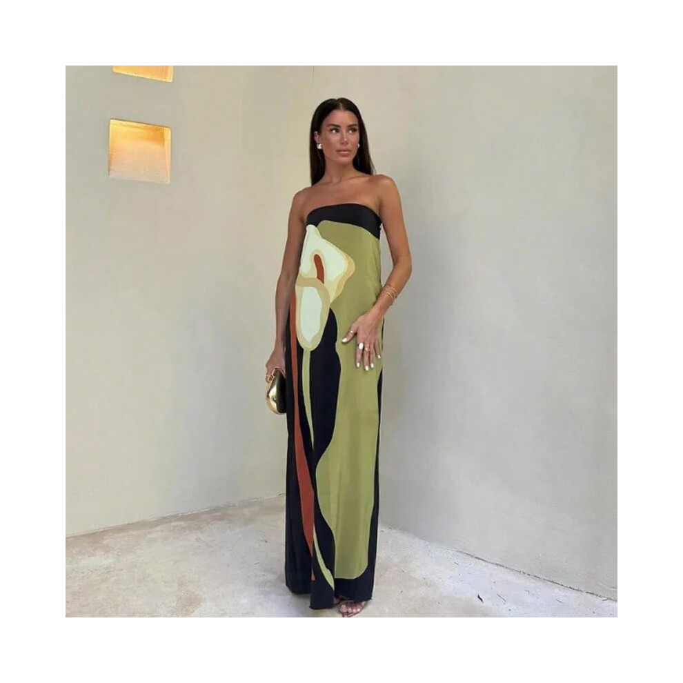(green, XXXL) Sexy Strapless Backless Printed Long Dress Women Fashion Sleeveless Off Shoulder Vestidos 2024 Summer Lady Party Evening Robes