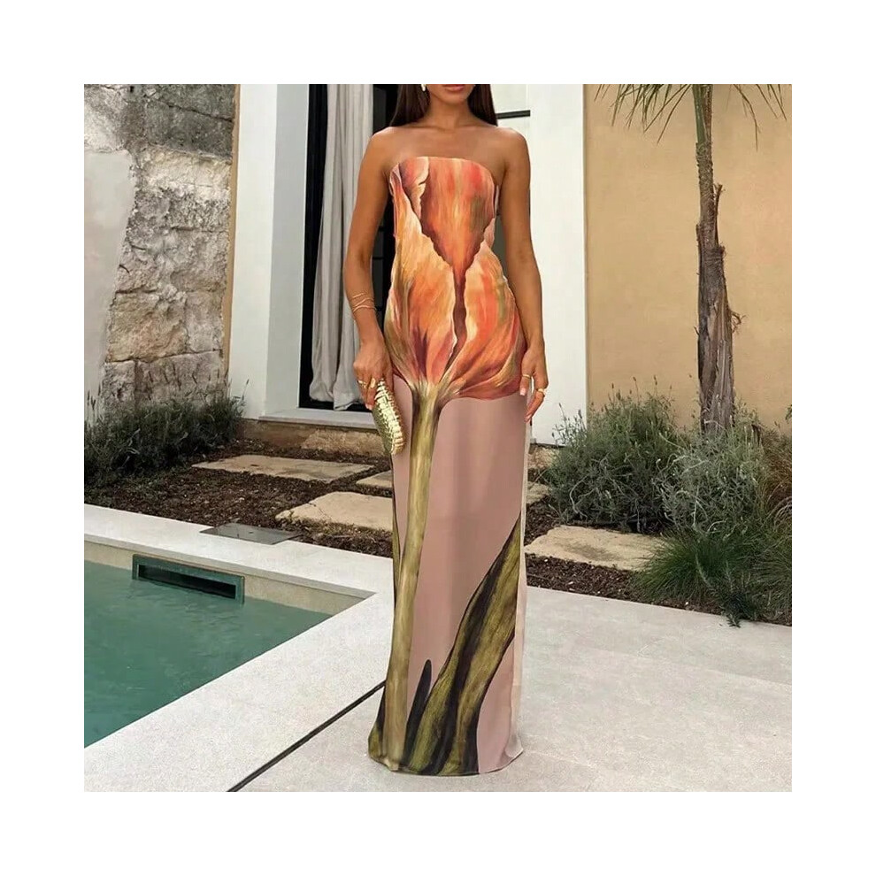 (Mixed Color, L) Sexy Strapless Backless Printed Long Dress Women Fashion Sleeveless Off Shoulder Vestidos 2024 Summer Lady Party Evening Robes