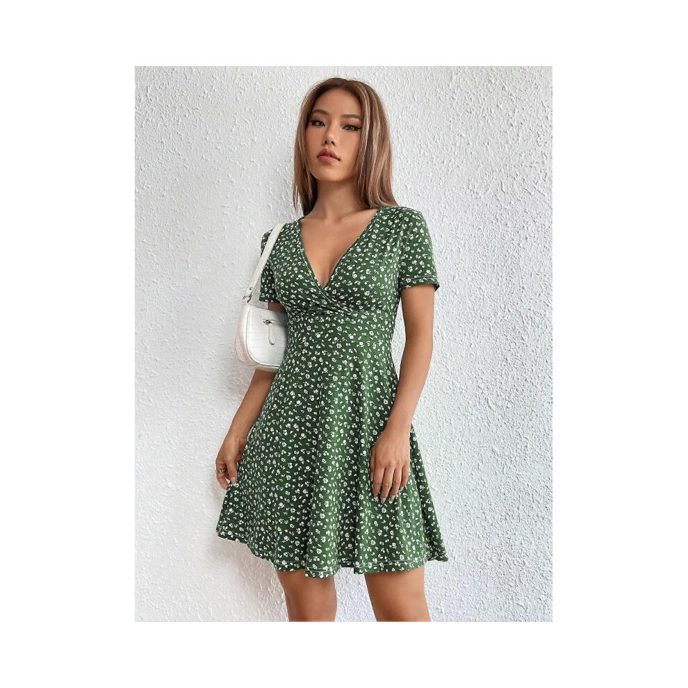 (S,Green)Women Spring Summer Elegant Wrap Heart Polka Dot Print V Neck Short Sleeve Dress Summer Dresses For Women