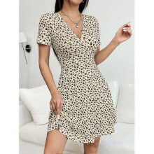 (S, Apricot) Women Spring Summer Elegant Wrap Heart Polka Dot Print V Neck Short Sleeve Dress Summer Dresses For Women
