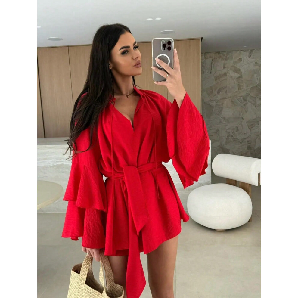 (Red, XL) Elegant Fold Dress Women Brown Deep V-neck Long Sleeve Mini Dresses Female 2025 Spring Summer Fashion Loose Lady Vestidos