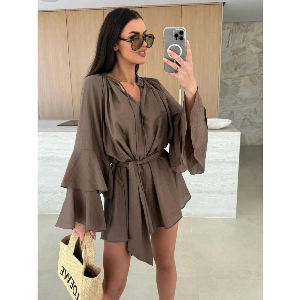 (Coffee, S) Elegant Fold Dress Women Brown Deep V-neck Long Sleeve Mini Dresses Female 2025 Spring Summer Fashion Loose Lady Vestidos