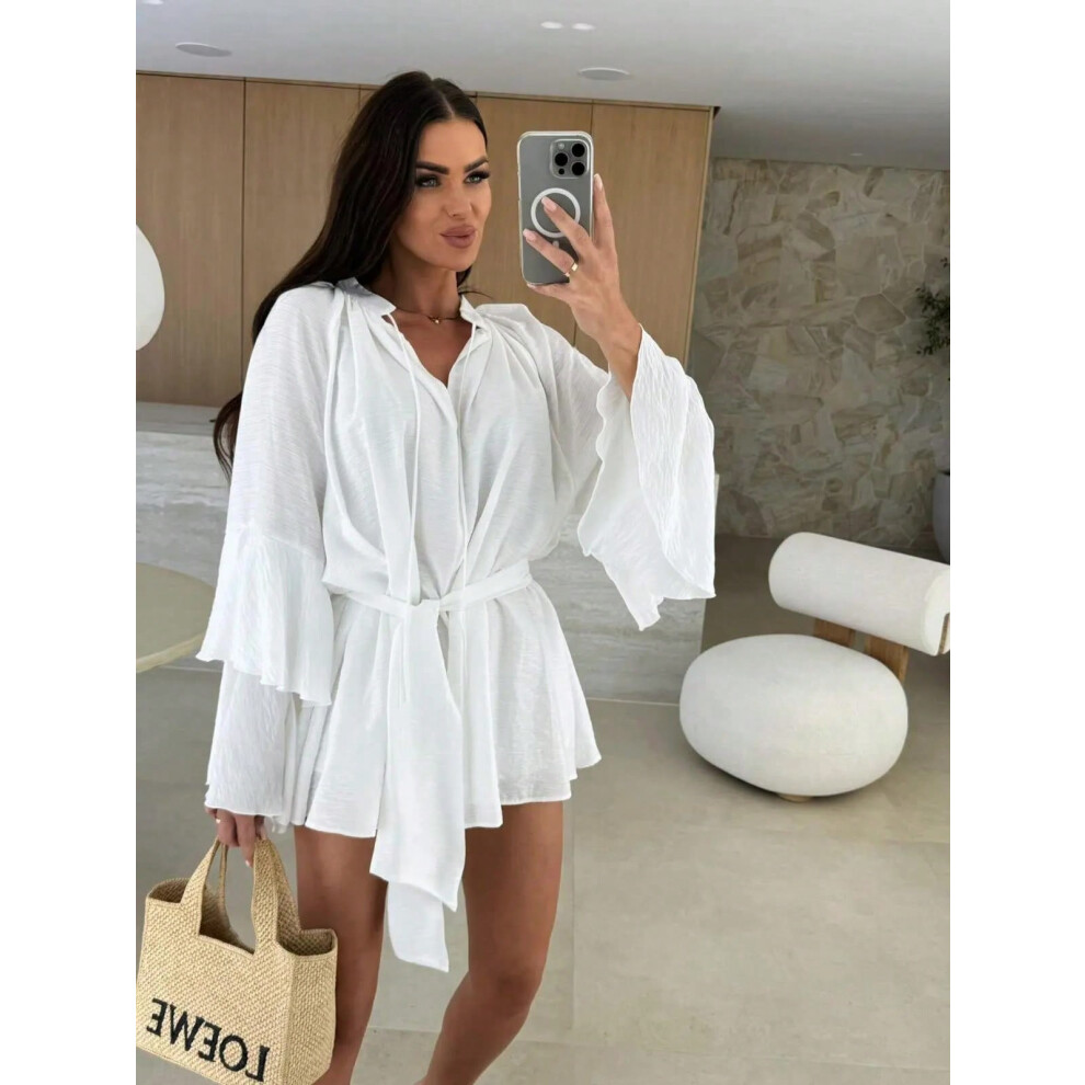 (WHITE, XL) Elegant Fold Dress Women Brown Deep V-neck Long Sleeve Mini Dresses Female 2025 Spring Summer Fashion Loose Lady Vestidos