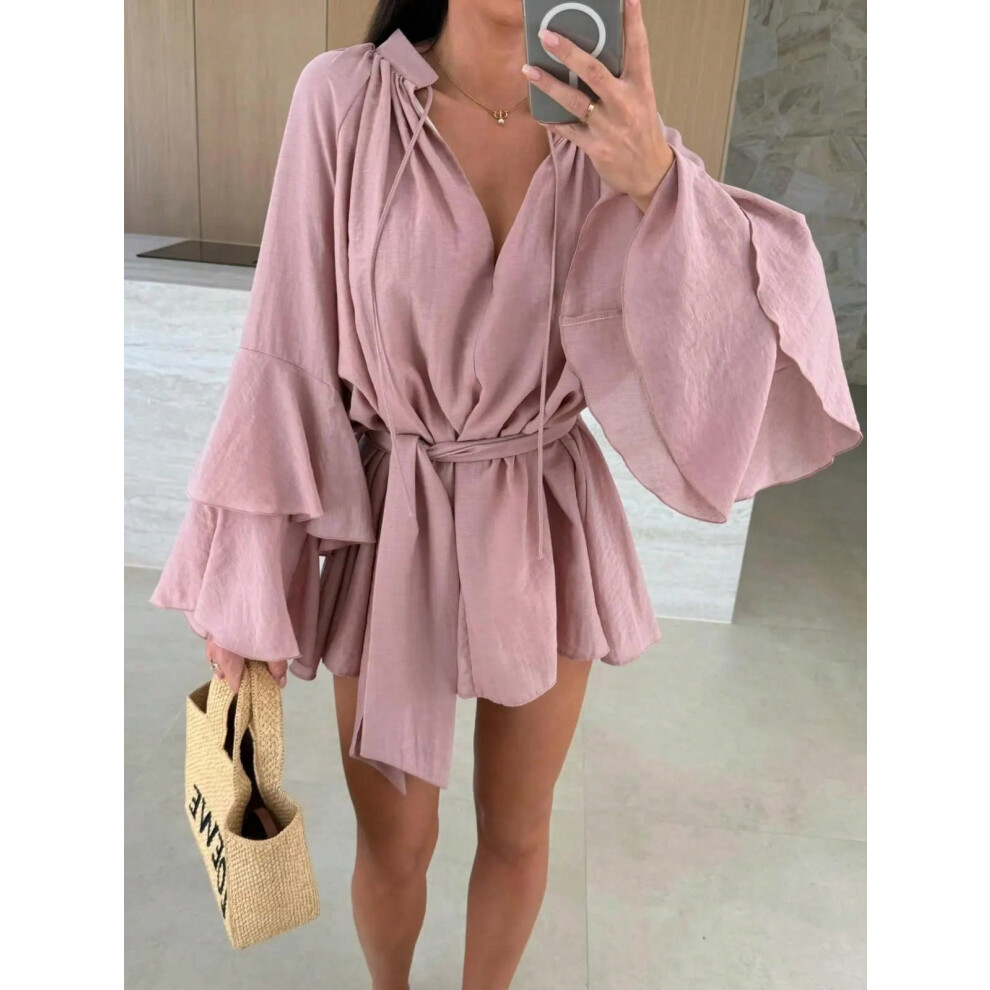 (Pink, S) Elegant Fold Dress Women Brown Deep V-neck Long Sleeve Mini Dresses Female 2025 Spring Summer Fashion Loose Lady Vestidos
