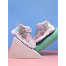 (EUR31,Purple)Girls Sweet Princess Shoes with Butterfly Embroidery High Top Canvas Sneakers