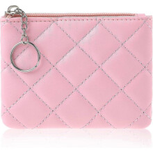 Pink Coin Purse Rhombus Embroidery PU Zipper Coin Purse Portable Wallet Short Ladies Coin Purse Zippered Keychain Mini Coin Bag for Women & Men Coin W