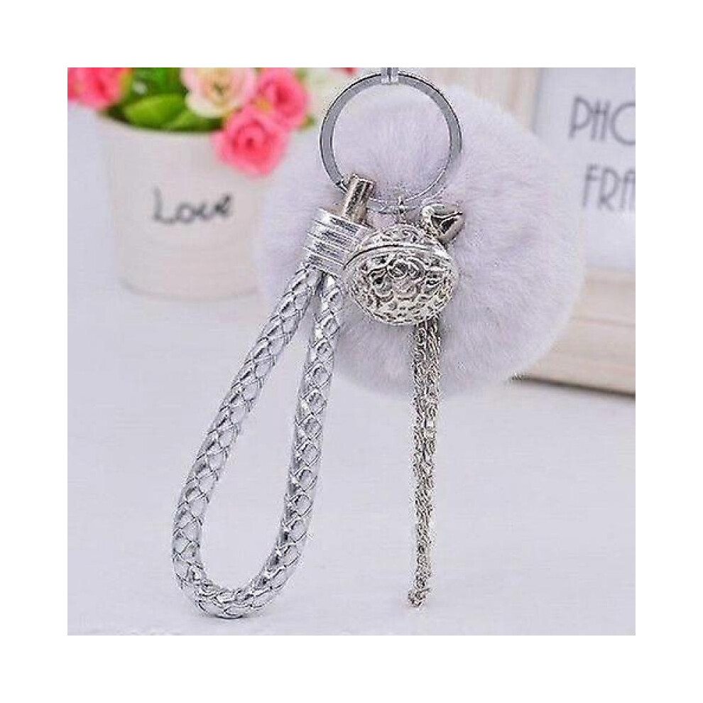 Dww-Une boule de fourrure de cloche de palais de corde en cuir gris, lgante boule de fourrure porte-cls doux porte-cls sac  main pendentif dcoration