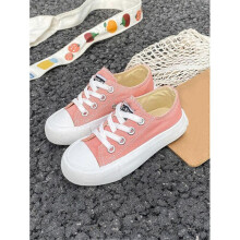 (US7, Pink) White Cloth Baby Shoes Middle Sneakers Kids Canvas Shoes Spring Autumn Korean Style Unisex Low Top Lace-Up Casual Skateboard Shoes