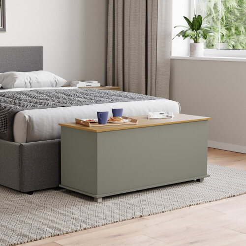 (Grey) Arlington Storage Ottoman Wood Blanket Toy Box Oak