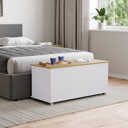 (White) Arlington Storage Ottoman Wood Blanket Toy Box Oak