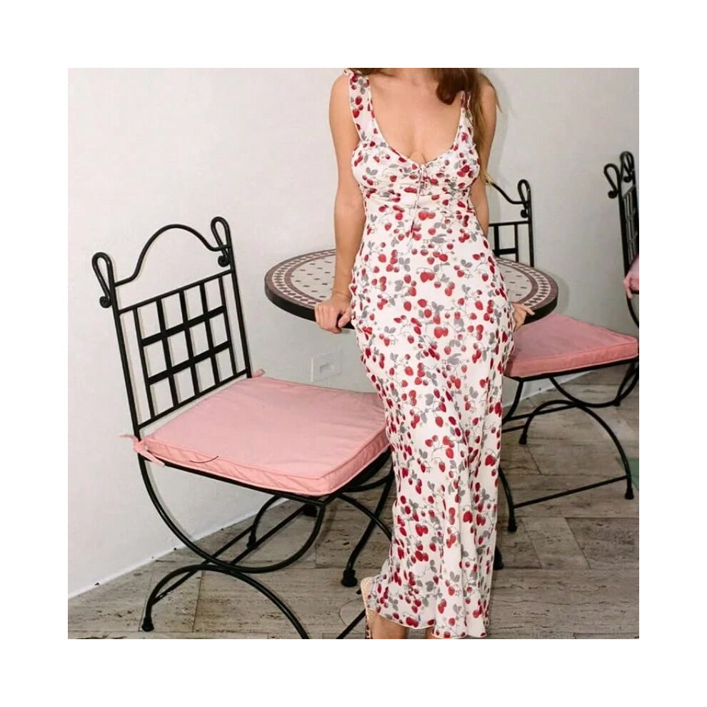 (red, M) Cryptographic Summer Floral Print Plunge Maxi Dress Outfits Sexy Backless Fairy Sun Dresses Vacation Beachwear Vestido Coquette