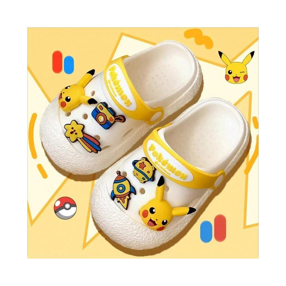 (White Pikachu, inner 22cm) Pikachu EVA Lightweight Boys and Girls Unisex Cute Toddler Anti Slip Hole Slipper Boy Girl Sandals Rocket Anime Sandals Slippers