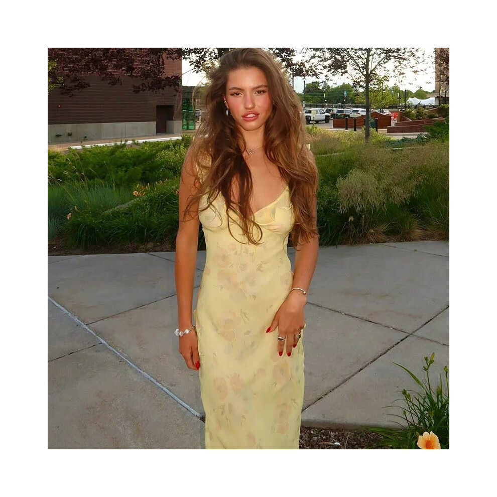 (yellow, M) Cryptographic Summer Floral Print Plunge Maxi Dress Outfits Sexy Backless Fairy Sun Dresses Vacation Beachwear Vestido Coquette
