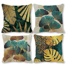Cushion Cover 45cm x 45cm Set of 4 Green and Gold Leaf Decorative Pillow Covers 18x18" Linen Square Cushion Cover for Outdoor Furniture Garden Living