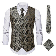 (M, Black Gold) Mens Suit Vest V-neck Printed Business Casual Gold Silver Vest 6 Colors