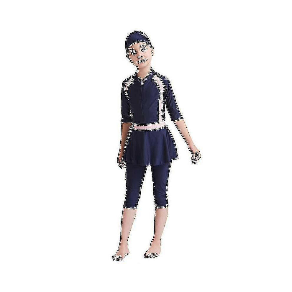 (150CM,Navy Blue)Muslim Girls Swimsuit Islamic Kids Swimwear Modest Burkini Swimming Beachwear