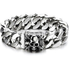 Dww-Homme Grand Acier Inoxydable Chane Gourmette Bracelet AVCE Fleur de Lis et Crne, Gothique Biker