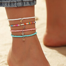 Dww-4 pices perles de bohme multicouches bracelet de cheville color femmes cheville lune et toile pendentif cheville perles bracelet pied lastique bij