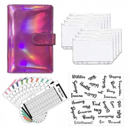 (Rose Pink Laser) A6 Binder Budget Planner Notebook Covers Folder Size 6 Hole Pockets
