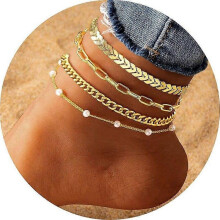 Gold Ankle Bracelets for Women, Plated Waterproof Cuban Pearl Snake Chain Anklets Set, Gold Anklets for Women Beach Gift Adjustable Size