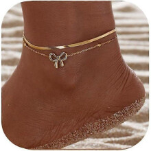 Gold Ankle Bracelets for Women - Gold Plated Waterproof Layered Lightweight Simple Chain Bow Anklets Set Adjustable Beach Fashion