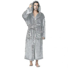 (L, Light Grey) Plus Size Men Luxury Dressing Gown Hooded Warm Fleece Bathrobe Soft Cozy Lounge Robe Nightwear