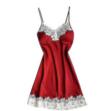 (S, Red) Women Sexy Satin Nightdress Lingerie Babydoll Lace Strappy A-line Sleepwear Underwear