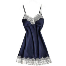 (XXL, blue) Women Sexy Satin Nightdress Lingerie Babydoll Lace Strappy A-line Sleepwear Underwear