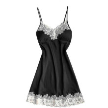 (XXXL, Black) Women Sexy Satin Nightdress Lingerie Babydoll Lace Strappy A-line Sleepwear Underwear