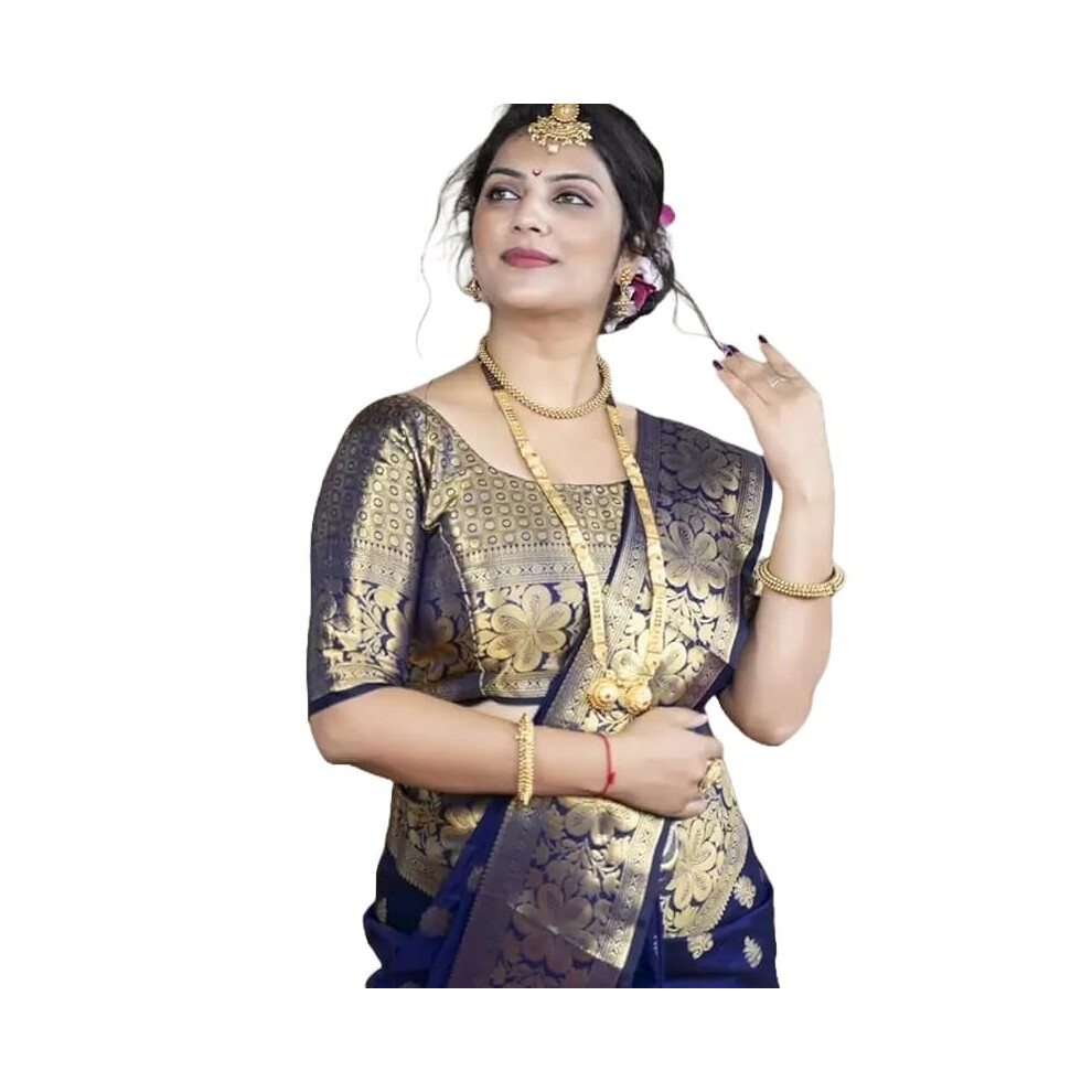 Sari jacquard en coton et soie tiss  s Zari pour femme Yashika avec chemisier non cousu (AZ-YS-OG1-JYOTIKA bleu marine)
