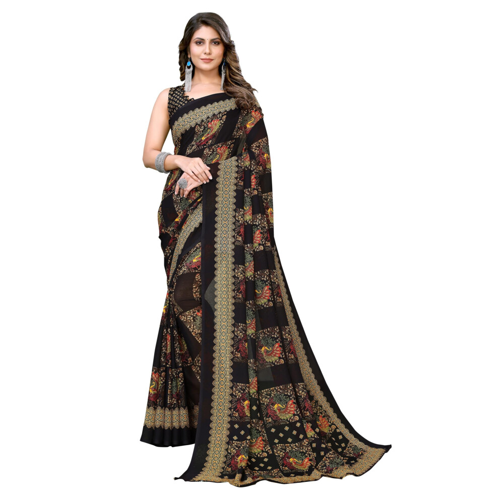 Sari tendance en georgette noire pour femme Yashika, imprim  , avec chemisier (RAMBHA BLACK)
