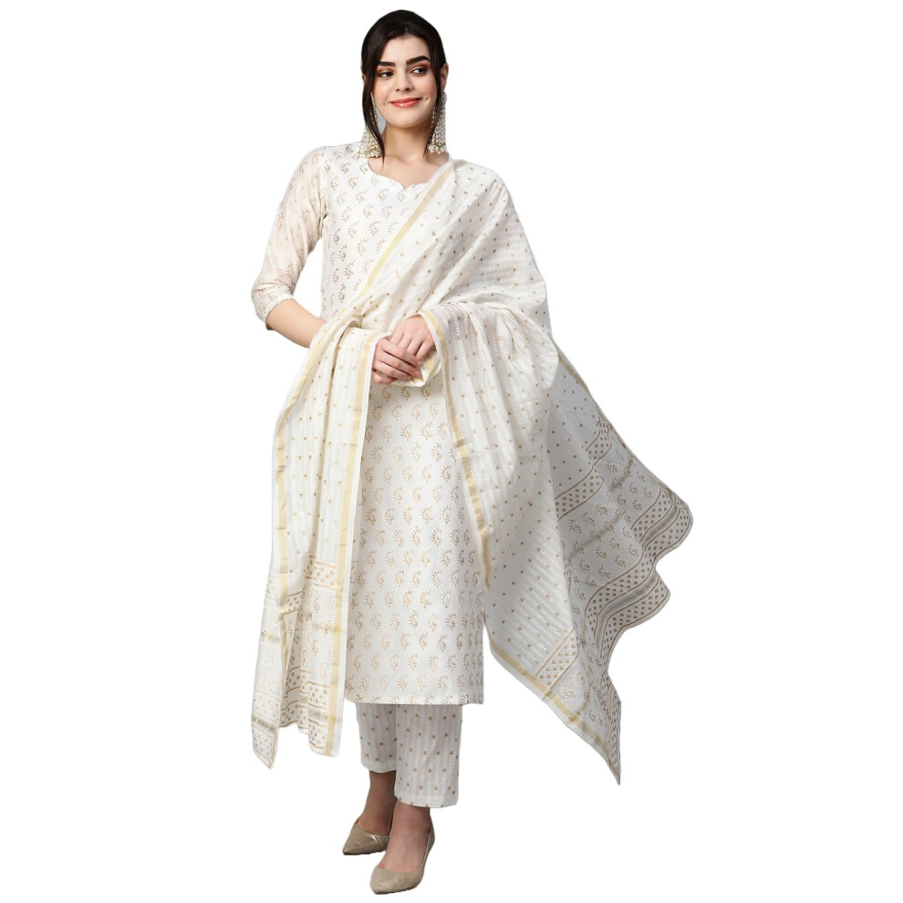 Anni Designer Kurta Dritto Stampato In Misto Cotone Da Donna Con Pantaloni E Dupatta (Saligram Cream_L_Cream_Large)-image