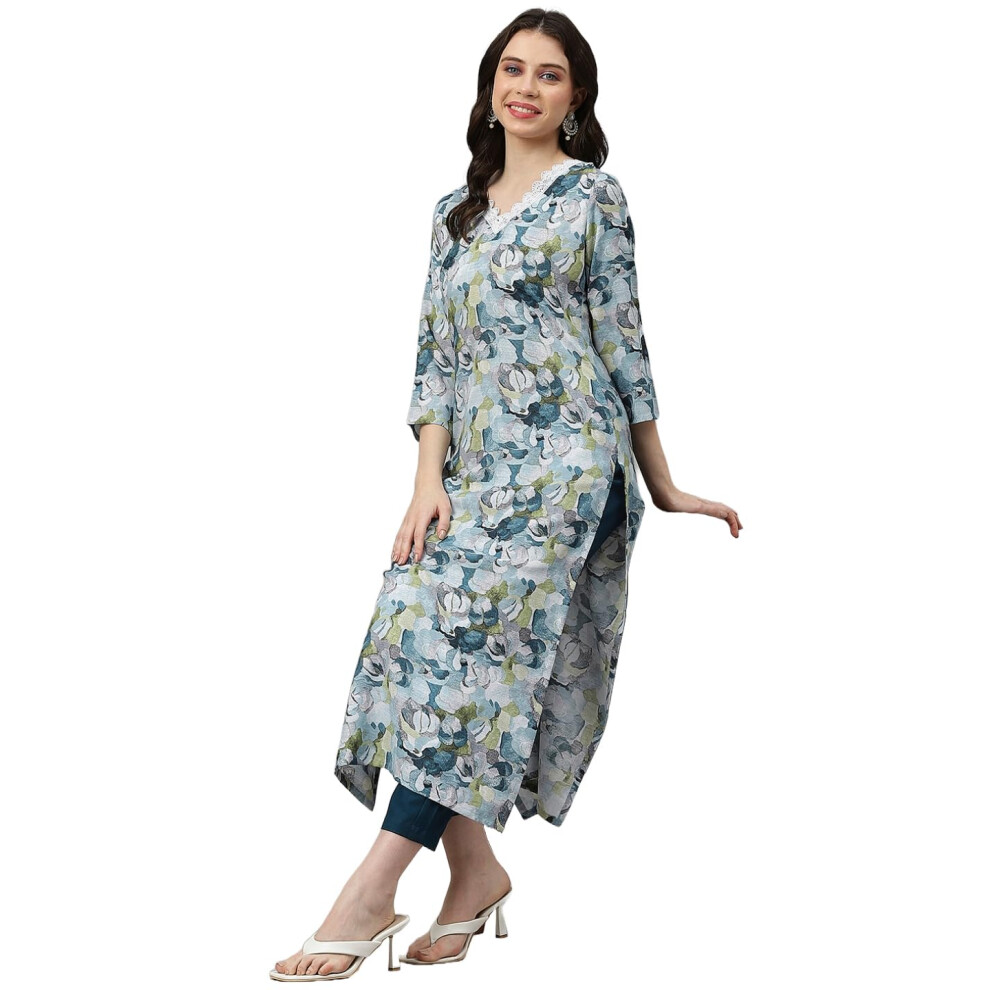 Anni Designer Dames Recht Model Kurta Met Rechte Pasvorm En Broek Van Katoenmix (Southz Blue-Nw_S_Blue_Small)-image