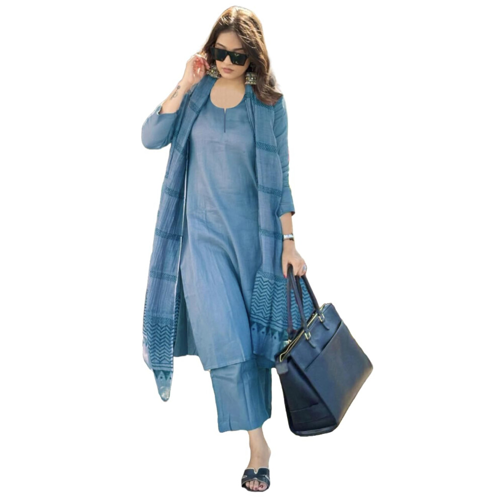 Anni Designer Kurta Droit Uni En M Lange De Rayonne Pour Femme Avec Pantalon Et Dupatta (Raja Saab Bleu Clair_Xxl_Bleu Clair_Xx-Large)-image