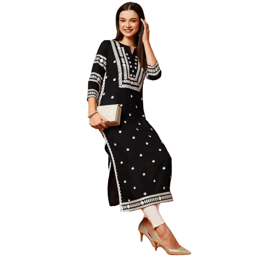 D Mska Kurta S Rovn M Strihom Chikankari Z Bavlnenej Zmesi Anni Designer S Vy Van M (Stho-Black-Grt_L_Black_L)-image