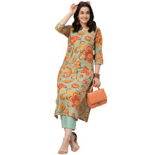 ANNI DESIGNER Women's Cotton Blend Regular Fit Straight Printed Kurta With Pant (Tinka Pista_S_Pista_Small)