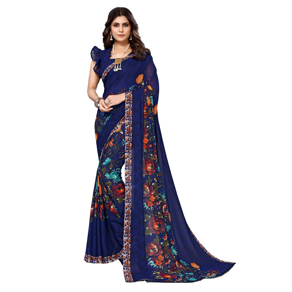 Sari En Georgette Imprim Yashika Pour Femme Avec Chemisier (Bleu Lectrique) Blue03-image